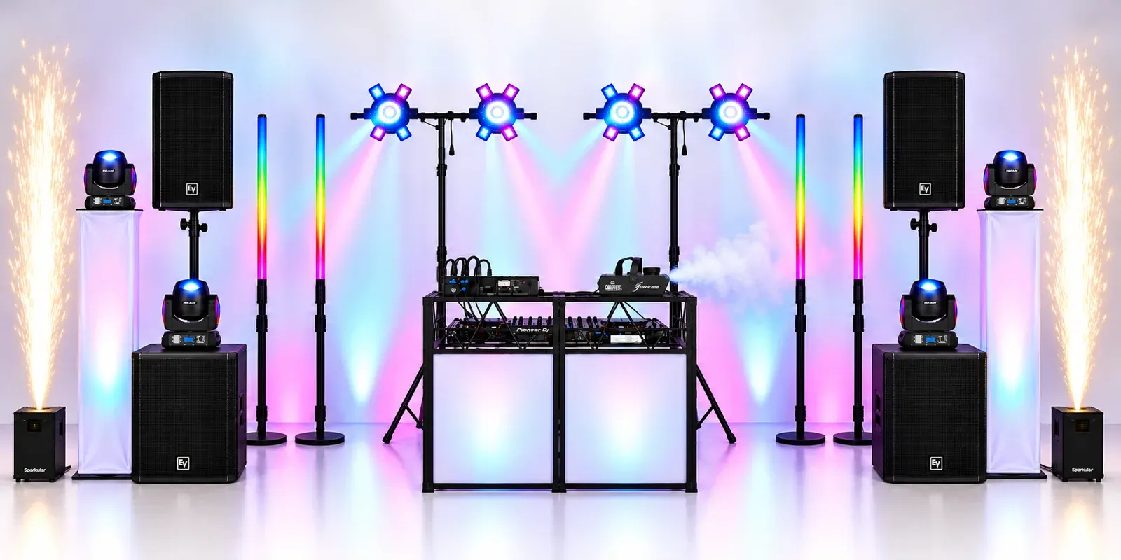 Gold package: 2 EV ZLX-15P-G2 + 2 ELX200-18SP subs, as Silver, 2 × 18-inch 1,200 W subwoofers, 2 Spider + 4 MINGJIE + LED accents, 2 cold spark machines · fog machine
